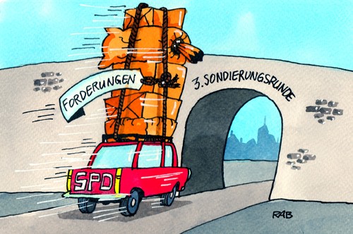 Cartoon: Sondierungsrunde (medium) by RABE tagged sondierungsrunde,koalitionsgespräche,regierungsbildung,koalitionsverhandlungen,spd,cdu,csu,merkel,seehofer,gabriel,nahles,rabe,ralf,böhme,cartoon,karikatur,pressezeichnung,farbcartoon,grüne,schwarzgrün,rotgrün,schwarzrot,rot,schwarz,grün,pkw,strasse,brücke,gepäck,forderungen,steuererhöhung,energiewende,sondierungsrunde,koalitionsgespräche,regierungsbildung,koalitionsverhandlungen,spd,cdu,csu,merkel,seehofer,gabriel,nahles,rabe,ralf,böhme,cartoon,karikatur,pressezeichnung,farbcartoon,grüne,schwarzgrün,rotgrün,schwarzrot,rot,schwarz,grün,pkw,strasse,brücke,gepäck,forderungen,steuererhöhung,energiewende