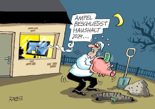 Cartoon: Sparschweine (medium) by RABE tagged ampelregierung,scholz,spd,grüne,fdp,lindner,kinder,kindergrundsicherung,rabe,ralf,böhme,cartoon,karikatur,pressezeichnung,farbcartoon,tagescartoon,hausmeister,ohren,zähne,haushalt,bundeshaushalt,haushaltsbeschluss,einsparungen,milliardenloch,schuldenbremse,sparschwein,versteck,michel,bürger,nachrichten,loch,garten,nacht,spaten,ampelregierung,scholz,spd,grüne,fdp,lindner,kinder,kindergrundsicherung,rabe,ralf,böhme,cartoon,karikatur,pressezeichnung,farbcartoon,tagescartoon,hausmeister,ohren,zähne,haushalt,bundeshaushalt,haushaltsbeschluss,einsparungen,milliardenloch,schuldenbremse,sparschwein,versteck,michel,bürger,nachrichten,loch,garten,nacht,spaten