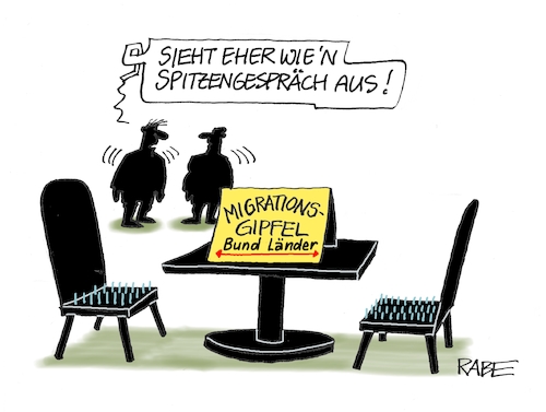 Cartoon: Spitziges (medium) by RABE tagged mininisterpräsidenten,ost,treffen,ministerpräsidententreffen,osten,ossi,rabe,ralf,böhme,cartoon,kaarikatur,pressezeichnung,farbcartoon,tagescartoon,transparent,risse,thüringen,sachsen,kanzleramt,gipfel,gipfeltreffen,bund,länder,migration,migrationsgipfel,flüchtlingsgipfel,flüchtlinge,tisch,stühle,nägel,sitzfläche,nagelbrett,spitzentreffen,mininisterpräsidenten,ost,treffen,ministerpräsidententreffen,osten,ossi,rabe,ralf,böhme,cartoon,kaarikatur,pressezeichnung,farbcartoon,tagescartoon,transparent,risse,thüringen,sachsen,kanzleramt,gipfel,gipfeltreffen,bund,länder,migration,migrationsgipfel,flüchtlingsgipfel,flüchtlinge,tisch,stühle,nägel,sitzfläche,nagelbrett,spitzentreffen