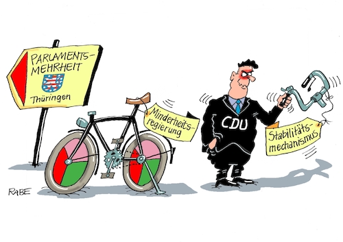 Cartoon: Stabiler Lenker (medium) by RABE tagged landtagswahl,thüringen,erfurt,ramelow,kemmerich,fdp,akk,rücktritt,höcke,minderheitsregierung,kanzleramt,domino,dominospiel,cdu,dominosteine,hirte,afd,schraubstock,unvereinbarkeitsbeschluss,stabilitätsklausel,fahrrad,lenker,parlamentsmehrheit,ministerpräsidentenwahl,landtagswahl,thüringen,erfurt,ramelow,kemmerich,fdp,akk,rücktritt,höcke,minderheitsregierung,kanzleramt,domino,dominospiel,cdu,dominosteine,hirte,afd,schraubstock,unvereinbarkeitsbeschluss,stabilitätsklausel,fahrrad,lenker,parlamentsmehrheit,ministerpräsidentenwahl