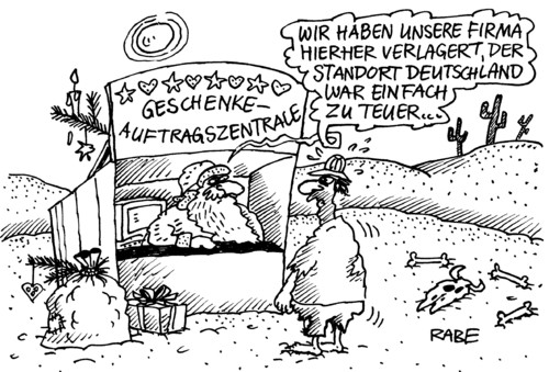 Cartoon: Standort Deutschland (medium) by RABE tagged weihnachten,weihnachtsmann,wunschzettel,auftragszentrale,geschenke,bescherung,wüste,euro,wirtschaftsstandort,geschenkesack,firma,gewinn,auslagerung,weihnachten,weihnachtsmann,wunschzettel,auftragszentrale,geschenke,bescherung,wirtschaftsstandort,euro,wüste