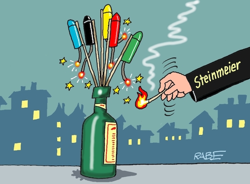 Cartoon: Steinmeier zündet nochmal (medium) by RABE tagged ampel,ampelregierung,rot,grün,gelb,fdp,spd,grüne,rabe,ralf,böhme,cartoon,karikatur,pressezeichnung,farbcartoon,tagescartoon,inflation,einkommen,rente,rentenpaket,bruch,streit,neuwahl,stenmeier,auflösung,bundestag,silvester,stabrakete,flasche,lunte,partei,afd,union,ampel,ampelregierung,rot,grün,gelb,fdp,spd,grüne,rabe,ralf,böhme,cartoon,karikatur,pressezeichnung,farbcartoon,tagescartoon,inflation,einkommen,rente,rentenpaket,bruch,streit,neuwahl,stenmeier,auflösung,bundestag,silvester,stabrakete,flasche,lunte,partei,afd,union