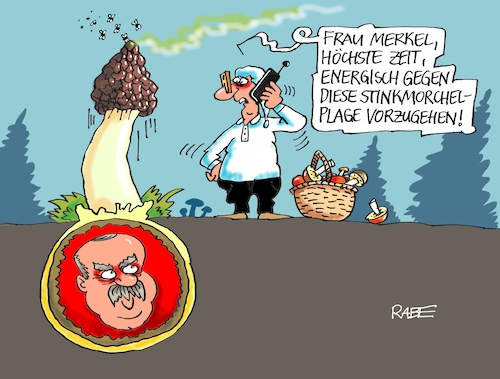 Cartoon: Stinkmorchel (medium) by RABE tagged deutschland,wahl,präsidialamt,türkei,erdogan,sultan,ankara,rabe,ralf,böhme,cartoon,karikatur,pressezeichnung,farbcartoon,tagescartoon,wahlurne,wahlbüro,diktator,akhanli,liste,interpol,festnahmen,auslieferung,merkel,kanzlerin,pilze,pilzzeit,pilzsuche,wald,pilzkorb,morchel,stinkmorchel,deutschland,wahl,präsidialamt,türkei,erdogan,sultan,ankara,rabe,ralf,böhme,cartoon,karikatur,pressezeichnung,farbcartoon,tagescartoon,wahlurne,wahlbüro,diktator,akhanli,liste,interpol,festnahmen,auslieferung,merkel,kanzlerin,pilze,pilzzeit,pilzsuche,wald,pilzkorb,morchel,stinkmorchel