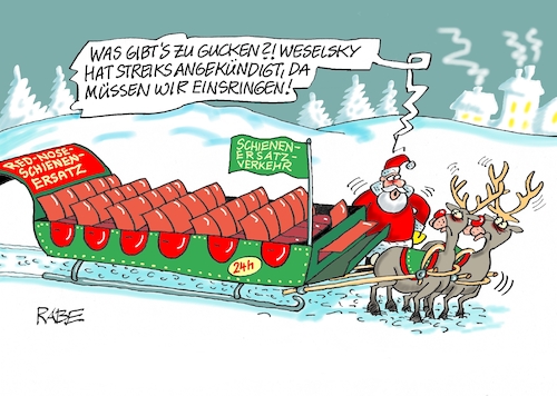 Cartoon: Streik kommt immer (medium) by RABE tagged bahn,db,bahnkunden,fahrpreis,fahrpreiserhöhung,rabe,ralf,böhme,cartoon,karikatur,pressezeichnung,farbcartoon,tagescartoon,schnellzug,bahnticket,schlusslicht,passagiere,bahnreisende,puffer,streik,gdl,bahnstreik,weselsky,weihnachtsfrieden,gewerkschaften,lohnforderungen,weihnachtsmann,schlitten,rentiere,rudolph,schienenersatzverkehr,arbeitskampf,bahn,db,bahnkunden,fahrpreis,fahrpreiserhöhung,rabe,ralf,böhme,cartoon,karikatur,pressezeichnung,farbcartoon,tagescartoon,schnellzug,bahnticket,schlusslicht,passagiere,bahnreisende,puffer,streik,gdl,bahnstreik,weselsky,weihnachtsfrieden,gewerkschaften,lohnforderungen,weihnachtsmann,schlitten,rentiere,rudolph,schienenersatzverkehr,arbeitskampf