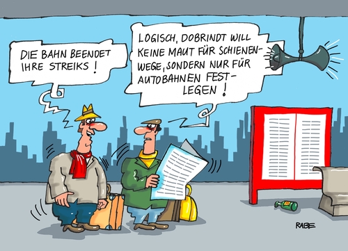 Cartoon: Streikende (medium) by RABE tagged gdl,gewerkschaft,lokführer,reisende,bahn,züge,verspätung,ferien,zugführer,rabe,ralf,böhme,cartoon,karikatur,pressezeichnung,farbcartoon,tagescartoon,maut,autobahn,pkw,dobrindt,verkehrsminister,gdl,gewerkschaft,lokführer,reisende,bahn,züge,verspätung,ferien,zugführer,rabe,ralf,böhme,cartoon,karikatur,pressezeichnung,farbcartoon,tagescartoon,maut,autobahn,pkw,dobrindt,verkehrsminister