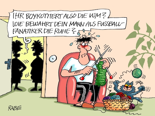 Cartoon: Strickliesel (medium) by RABE tagged fußball,weltmeisterschaft,wm,sport,katar,fifa,menschenrechte,boykott,wüste,wüstenstaat,fußballer,gastarbeiter,arbeitsbedingungen,stadien,rabe,ralf,böhme,cartoon,karikatur,pressezeichnung,farbcartoon,tagescartoon,wolle,wollknäul,stricknadel,wollkorb,katze,fußball,weltmeisterschaft,wm,sport,katar,fifa,menschenrechte,boykott,wüste,wüstenstaat,fußballer,gastarbeiter,arbeitsbedingungen,stadien,rabe,ralf,böhme,cartoon,karikatur,pressezeichnung,farbcartoon,tagescartoon,wolle,wollknäul,stricknadel,wollkorb,katze