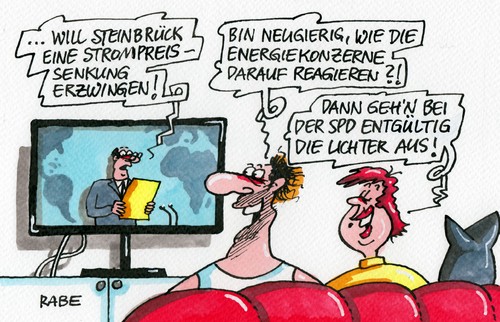 Cartoon: Stromabschaltung (medium) by RABE tagged steinbrück,spd,kanzlerkandidat,wahlkampf,merkel,kanzlerin,cdu,strompreissenkung,energie,energiewende,energiekonzerne,stromriesen,stromanbieter,lichter,stromabschaltung,rabe,ralf,böhme,cartoon,karikatur,pressezeichnung,farbcartoon,fernseher,couch,ehepaar,mann,frau,energiepolitik,kilowattstunde,senkung,preisanstieg,energieversorger,tarife,bundesnetzagentur,steinbrück,spd,kanzlerkandidat,wahlkampf,merkel,kanzlerin,cdu,strompreissenkung,energie,energiewende,energiekonzerne,stromriesen,stromanbieter,lichter,stromabschaltung,rabe,ralf,böhme,cartoon,karikatur,pressezeichnung,farbcartoon,fernseher,couch,ehepaar,mann,frau,energiepolitik,kilowattstunde,senkung,preisanstieg,energieversorger,tarife,bundesnetzagentur