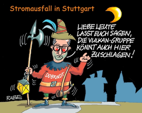 Cartoon: Stuttgart dunkel (medium) by RABE tagged merz,kanzler,koalition,union,spd,klingbeil,cartoon,karikatur,pressezeichnung,farbcartoon,tagescartoon,bürokratie,verwaltung,beamte,modernisierung,monster,drachen,schwert,holzschwert,nägel,säge,dobrindt,innenminister,winter,strom,stromausfall,dunkelheit,vulkangruppe,linke,attentat,nachtwächter,merz,kanzler,koalition,union,spd,klingbeil,cartoon,karikatur,pressezeichnung,farbcartoon,tagescartoon,bürokratie,verwaltung,beamte,modernisierung,monster,drachen,schwert,holzschwert,nägel,säge,dobrindt,innenminister,winter,strom,stromausfall,dunkelheit,vulkangruppe,linke,attentat,nachtwächter