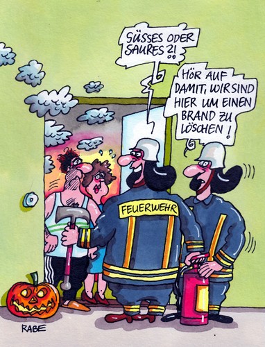 Cartoon: Süßes oder Saures (medium) by RABE tagged halloween,kürbis,grusel,süßes,saures,halloweennacht,halloweenstreiche,verkleidung,kostüme,süßigkeiten,rabe,ralf,böhme,cartoon,karikatur,pressezeichnung,farbcartoon,feuerwehr,brand,schlauch,feuelöscher,flammen,qualm,rauch,löscheinsatz,feuerwehrmänner,kameraden,brandherd,schaumlöscher,halloween,kürbis,grusel,süßes,saures,halloweennacht,halloweenstreiche,verkleidung,kostüme,süßigkeiten,rabe,ralf,böhme,cartoon,karikatur,pressezeichnung,farbcartoon,feuerwehr,brand,schlauch,feuelöscher,flammen,qualm,rauch,löscheinsatz,feuerwehrmänner,kameraden,brandherd,schaumlöscher