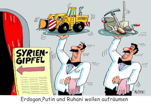 Cartoon: Syriengipfel (medium) by RABE tagged türkei,erdogan,ankara,gefängnisse,menschenrechte,diktator,rabe,ralf,böhme,cartoon,karikatur,pressezeichnung,farbcartoon,tagescartoon,gitterstäbe,journalisten,pressefreiheit,urlauber,kurden,syrer,syrien,syriengipfel,putin,kremlchef,jemen,ruhani,iran,aufräumen,schutt,kriegsschäden,bagger,besen,kell,spitzhacke,schaufel,staatschefs,lösung,kriegsende,flüchtlinge,assad,machthaber,türkei,erdogan,ankara,gefängnisse,menschenrechte,diktator,rabe,ralf,böhme,cartoon,karikatur,pressezeichnung,farbcartoon,tagescartoon,gitterstäbe,journalisten,pressefreiheit,urlauber,kurden,syrer,syrien,syriengipfel,putin,kremlchef,jemen,ruhani,iran,aufräumen,schutt,kriegsschäden,bagger,besen,kell,spitzhacke,schaufel,staatschefs,lösung,kriegsende,flüchtlinge,assad,machthaber