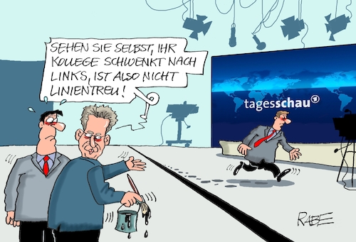 Cartoon: Tagesbeschauliches (medium) by RABE tagged hans,georg,maaßen,cdu,tagesschau,link,linksradikal,journalisten,überprüfung,verbindung,linksextremismus,rabe,ralf,böhme,cartoon,karikatur,pressezeichnung,farbcartoon,tagescartoon,wahlkampf,thüringen,südthüringen,wahlkreis,landtagswahlen,kandidat,line,linksschwenk,linientreue,hans,georg,maaßen,cdu,tagesschau,link,linksradikal,journalisten,überprüfung,verbindung,linksextremismus,rabe,ralf,böhme,cartoon,karikatur,pressezeichnung,farbcartoon,tagescartoon,wahlkampf,thüringen,südthüringen,wahlkreis,landtagswahlen,kandidat,line,linksschwenk,linientreue