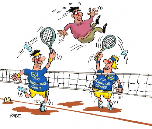 Cartoon: Tennismatch (medium) by RABE tagged eu,brüssel,flüchtlinge,flüchtlingskrise,flüchtlingslager,grenze,syrien,afghanistan,polen,tschechin,ungarn,deutschland,flüchtlingskontingent,quotenregelung,umverteilung,innenminister,aussetzen,rabe,ralf,böhme,cartoon,karikatur,pressezeichnung,farbcartoon,tagescartoon,tennis,tennismatch,tennisspiele,quotte,pro,no,tennisball,tennisplatz,tennisschläger,regelung,spielball,uneinigkeit,eu,brüssel,flüchtlinge,flüchtlingskrise,flüchtlingslager,grenze,syrien,afghanistan,polen,tschechin,ungarn,deutschland,flüchtlingskontingent,quotenregelung,umverteilung,innenminister,aussetzen,rabe,ralf,böhme,cartoon,karikatur,pressezeichnung,farbcartoon,tagescartoon,tennis,tennismatch,tennisspiele,quotte,pro,no,tennisball,tennisplatz,tennisschläger,regelung,spielball,uneinigkeit