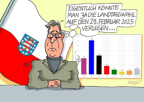 Cartoon: Thüringenwahl (medium) by RABE tagged faeser,innenministerin,hessen,landtagswahl,rabe,ralf,böhme,cartoon,karikatur,pressezeichnung,farbcartoon,tagescartoon,wahlkampf,schlauchboot,umfragetief,briefkasten,postkasten,briefwähler,nichtwähler,thüringen,erfurt,bodo,ramelow,linke,schaltjahr,februar,monat,neunundzwanzig,neunundzwanzigster,spd,afd,fdp,grüne,cdu,bsw,maaßen,thüringenfahne,wählerumfragen,politbarometer,faeser,innenministerin,hessen,landtagswahl,rabe,ralf,böhme,cartoon,karikatur,pressezeichnung,farbcartoon,tagescartoon,wahlkampf,schlauchboot,umfragetief,briefkasten,postkasten,briefwähler,nichtwähler,thüringen,erfurt,bodo,ramelow,linke,schaltjahr,februar,monat,neunundzwanzig,neunundzwanzigster,spd,afd,fdp,grüne,cdu,bsw,maaßen,thüringenfahne,wählerumfragen,politbarometer