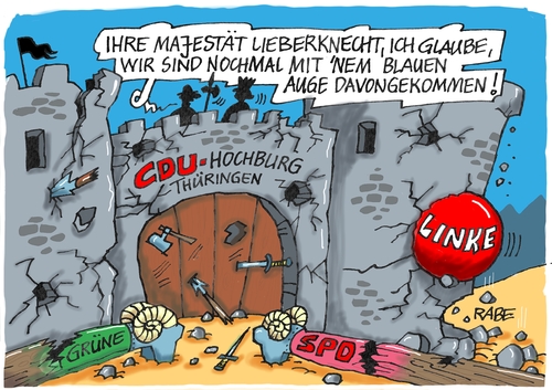 Cartoon: Thüringenwahl CDU Sieg (medium) by RABE tagged landtagswahl,landtag,thüringen,cdu,spd,linke,grüne,hochburg,ramelow,lieberknecht,ministerpräsident,rabe,ralf,böhme,cartoon,pressezeichnung,farbcartoon,tagescartoon,burg,auge,blau,belagerung,rot,grüü,schwarz,schwarzrot,rotrotgrün,schwarzgrün,rammbock,landtagswahl,landtag,thüringen,cdu,spd,linke,grüne,hochburg,ramelow,lieberknecht,ministerpräsident,rabe,ralf,böhme,cartoon,pressezeichnung,farbcartoon,tagescartoon,burg,auge,blau,belagerung,rot,grüü,schwarz,schwarzrot,rotrotgrün,schwarzgrün,rammbock