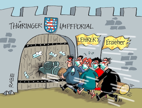 Cartoon: Thüringer Impftorschlußpanik (medium) by RABE tagged corona,schnelltest,flughäfen,bahnhöfe,reiserückkehrer,testpflicht,markus,söder,bußgelder,ber,hauptstadtflughafen,eröffnung,fluggäste,viren,maskenpflicht,abstandsregeln,lehrer,erzieher,kita,schulen,impfstoff,impfportal,astrazeneca,thüringenburg,burgtor,zinnen,erstürmung,ramme,lockerungen,lockdown,selbsttests,spahn,corona,schnelltest,flughäfen,bahnhöfe,reiserückkehrer,testpflicht,markus,söder,bußgelder,ber,hauptstadtflughafen,eröffnung,fluggäste,viren,maskenpflicht,abstandsregeln,lehrer,erzieher,kita,schulen,impfstoff,impfportal,astrazeneca,thüringenburg,burgtor,zinnen,erstürmung,ramme,lockerungen,lockdown,selbsttests,spahn