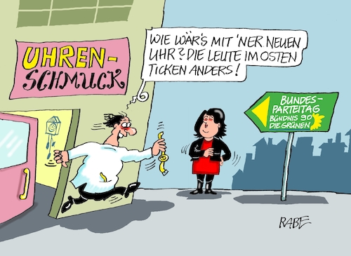 Cartoon: Ticktack (medium) by RABE tagged baerbock,annalena,robert,habeck,bündnis,neunzig,die,grünen,wahlprogramm,bundesparteitag,parteispitze,klimawandel,osten,westen,klimaschutz,rabe,ralf,böhme,cartoon,karikatur,pressezeichnung,farbcartoon,tagescartoon,uhren,schmuck,uhrmacher,tick,tack,baerbock,annalena,robert,habeck,bündnis,neunzig,die,grünen,wahlprogramm,bundesparteitag,parteispitze,klimawandel,osten,westen,klimaschutz,rabe,ralf,böhme,cartoon,karikatur,pressezeichnung,farbcartoon,tagescartoon,uhren,schmuck,uhrmacher,tick,tack