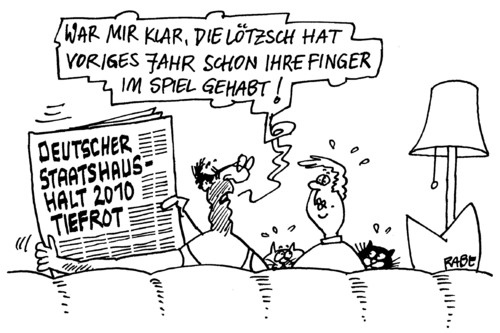 Cartoon: Tiefroter Haushalt (medium) by RABE tagged staatshaushalt,haushaltsloch,euro,schulden,krise,lötzsch,linke,rote,regierung,milliardenloch,hilfspaket,rettungspaket,ehepaar,zeitung,nachrichten,stehlampe,katzen,couch,steuern,staatshaushalt,haushaltsloch,euro,schulden,krise,lötzsch,rote,regierung,milliardenloch,hilfspaket,rettungspaket