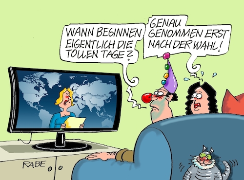 Cartoon: Tolle Tage (medium) by RABE tagged ampel,ampelregierung,rot,grün,gelb,fdp,spd,grüne,rabe,ralf,böhme,cartoon,karikatur,pressezeichnung,farbcartoon,tagescartoon,inflation,einkommen,rente,rentenpaket,bruch,streit,neuwahlen,wahlkampf,karneval,fasching,kostümball,büttenabend,tv,spaß,vergnügen,ampel,ampelregierung,rot,grün,gelb,fdp,spd,grüne,rabe,ralf,böhme,cartoon,karikatur,pressezeichnung,farbcartoon,tagescartoon,inflation,einkommen,rente,rentenpaket,bruch,streit,neuwahlen,wahlkampf,karneval,fasching,kostümball,büttenabend,tv,spaß,vergnügen