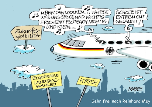 Cartoon: Über den Wolken (medium) by RABE tagged ampel,ampelregierung,rot,grün,gelb,fdp,spd,grüne,rabe,ralf,böhme,cartoon,karikatur,pressezeichnung,farbcartoon,tagescartoon,pöbelei,pöbler,bestrafung,regelung,beschimpfung,bundestag,abgeordnete,scholz,zukunft,zukunftsgipfel,usa,wolken,himmel,flugzeug,reinhard,mey,liedermacher,sorgen,ängste,krise,landtagswahl,umfragewerte,ampel,ampelregierung,rot,grün,gelb,fdp,spd,grüne,rabe,ralf,böhme,cartoon,karikatur,pressezeichnung,farbcartoon,tagescartoon,pöbelei,pöbler,bestrafung,regelung,beschimpfung,bundestag,abgeordnete,scholz,zukunft,zukunftsgipfel,usa,wolken,himmel,flugzeug,reinhard,mey,liedermacher,sorgen,ängste,krise,landtagswahl,umfragewerte