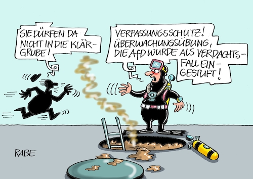 Cartoon: Überwachungsübung (medium) by RABE tagged corona,bundländerkonferenz,merkel,kanzleramt,lockerungen,stufenplan,öffnungen,lockdown,shutdown,baumärkte,impfdosen,rki,fallzahlen,inzidenzwert,verfassungsschutz,verdachtsfall,überwachung,überwachungsübung,afd,einstufung,untergrund,gully,jauche,klärgrube,jauchegrube,corona,bundländerkonferenz,merkel,kanzleramt,lockerungen,stufenplan,öffnungen,lockdown,shutdown,baumärkte,impfdosen,rki,fallzahlen,inzidenzwert,verfassungsschutz,verdachtsfall,überwachung,überwachungsübung,afd,einstufung,untergrund,gully,jauche,klärgrube,jauchegrube