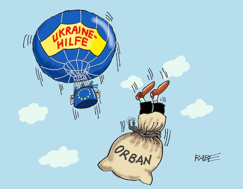 Cartoon: Ukrainehilfe (medium) by RABE tagged merz,kanzler,koalition,union,spd,klingbeil,cartoon,karikatur,pressezeichnung,farbcartoon,tagescartoon,db,bahn,frühling,frühjahr,frühjahrsputz,ice,zug,blumenkasten,blumenkästen,eu,europa,brüssel,ukraine,selenskyj,ukrainekrieg,milliarden,milliardenkredit,milliardenhilfe,ungarn,budapest,victor,orban,fesselballon,heißluftballon,sandsack,abwurf,abwahl,bewilligung,merz,kanzler,koalition,union,spd,klingbeil,cartoon,karikatur,pressezeichnung,farbcartoon,tagescartoon,db,bahn,frühling,frühjahr,frühjahrsputz,ice,zug,blumenkasten,blumenkästen,eu,europa,brüssel,ukraine,selenskyj,ukrainekrieg,milliarden,milliardenkredit,milliardenhilfe,ungarn,budapest,victor,orban,fesselballon,heißluftballon,sandsack,abwurf,abwahl,bewilligung