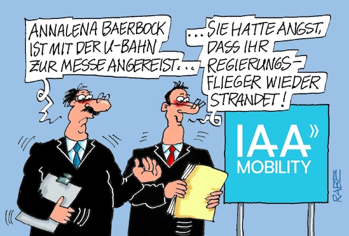 Cartoon: Underground Annalena (medium) by RABE tagged iaa,automobilmesse,münchen,kanzler,scholz,eröffnung,probefahrt,rabe,ralf,böhme,cartoon,karikatur,pressezeichnung,farbcartoon,tagescartoon,annalena,baerbock,anreise,bahn,underground,untergrundbahn,regierungsflieger,luftwaffe,havarie,notlandung,schaden,messebesuch,iaa,automobilmesse,münchen,kanzler,scholz,eröffnung,probefahrt,rabe,ralf,böhme,cartoon,karikatur,pressezeichnung,farbcartoon,tagescartoon,annalena,baerbock,anreise,bahn,underground,untergrundbahn,regierungsflieger,luftwaffe,havarie,notlandung,schaden,messebesuch