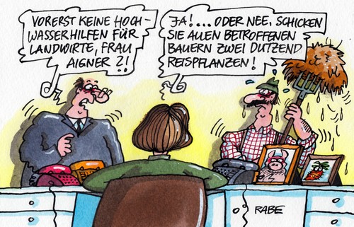 Cartoon: Ungeaignertes (medium) by RABE tagged hochwasser,krisengebiete,hochwasserkatastrophe,überflutung,aigner,bundesverbraucherministerin,csu,bayern,bauern,landwirte,betroffene,rabe,ralf,böhme,cartoon,karikatur,pressezeichnung,farbcartoon,hochwasserhilfen,landwirtschaft,landwirtschaftsministerium,felder,anbauflächen,reis,reisanbau,schäden,hochwasserlage,hochwasserschäden,höchststand,mist,mistgabel,hau,schwein,rübe,regen,dauerregen,flüsse,pegelstand,katastrophenalarm,hochwasser,krisengebiete,hochwasserkatastrophe,überflutung,aigner,bundesverbraucherministerin,csu,bayern,bauern,landwirte,betroffene,rabe,ralf,böhme,cartoon,karikatur,pressezeichnung,farbcartoon,hochwasserhilfen,landwirtschaft,landwirtschaftsministerium,felder,anbauflächen,reis,reisanbau,schäden,hochwasserlage,hochwasserschäden,höchststand,mist,mistgabel,hau,schwein,rübe,regen,dauerregen,flüsse,pegelstand,katastrophenalarm