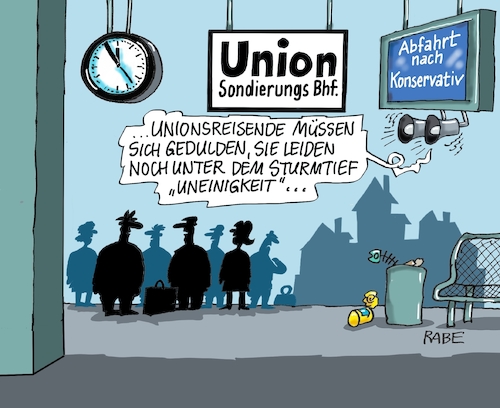 Cartoon: Unionsbahnhof Drei (medium) by RABE tagged sondierung,sondierungsgespräche,merkel,seehofer,union,cdu,csu,schwesterpartei,obergrenze,wahldebakel,uneinigkeit,jamaika,rabe,ralf,böhme,cartoon,karikatur,pressezeichnung,farbcartoon,tagescartoon,bahnhof,verspätung,sturmtief,schäden,bahnreisende,beseitigung,sondierung,sondierungsgespräche,merkel,seehofer,union,cdu,csu,schwesterpartei,obergrenze,wahldebakel,uneinigkeit,jamaika,rabe,ralf,böhme,cartoon,karikatur,pressezeichnung,farbcartoon,tagescartoon,bahnhof,verspätung,sturmtief,schäden,bahnreisende,beseitigung