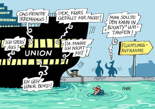 Cartoon: Unionskahn (medium) by RABE tagged flüchtlinge,union,csu,seehofer,merkel,schäuble,flüchtlingskrise,syrien,familien,parteienstreit,altmaier,kanzlerin,rabe,ralf,böhme,cartoon,karikatur,pressezeichnung,farbcartoon,tagescartoon,schiff,hafen,hafenbecken,bounty,meuterei,flüchtlinge,union,csu,seehofer,merkel,schäuble,flüchtlingskrise,syrien,familien,parteienstreit,altmaier,kanzlerin,rabe,ralf,böhme,cartoon,karikatur,pressezeichnung,farbcartoon,tagescartoon,schiff,hafen,hafenbecken,bounty,meuterei