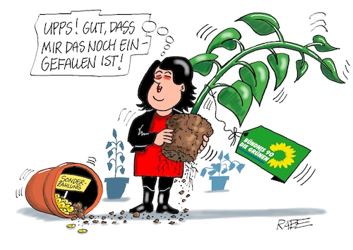 Cartoon: Upps (medium) by RABE tagged baerbock,annalen,habeck,grüne,kanzleramt,wahlkampf,bundestagswahl,kanzlerkandidaten,ökopartei,rabe,ralf,böhme,cartoon,karikatur,pressezeichnung,farbcartoon,tagescartoon,grünpflanze,übertopf,blumenerde,blumentopf,boni,sonderzahlungen,nebenverdienste,baerbock,annalen,habeck,grüne,kanzleramt,wahlkampf,bundestagswahl,kanzlerkandidaten,ökopartei,rabe,ralf,böhme,cartoon,karikatur,pressezeichnung,farbcartoon,tagescartoon,grünpflanze,übertopf,blumenerde,blumentopf,boni,sonderzahlungen,nebenverdienste