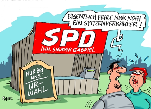 Cartoon: Urwahl (medium) by RABE tagged urwahl,kanzlerkandidat,spd,bundespolitik,sigmar,gabriel,urabstimmung,sonderparteitag,rabe,ralf,böhme,cartoon,karikatur,pressezeichnung,farbcartoon,tagescartoon,umfragewerte,merkel,kanzlerin,verkäufer,spitzenverkäufer,urwahl,kanzlerkandidat,spd,bundespolitik,sigmar,gabriel,urabstimmung,sonderparteitag,rabe,ralf,böhme,cartoon,karikatur,pressezeichnung,farbcartoon,tagescartoon,umfragewerte,merkel,kanzlerin,verkäufer,spitzenverkäufer