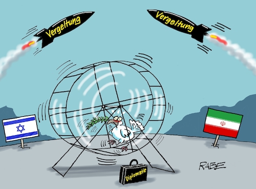 Cartoon: Vergeltungsschläge (medium) by RABE tagged iran,israel,hamas,gaza,netanjahu,frieden,friedenstaube,rabe,ralf,böhme,cartoon,karikatur,pressezeichnung,farbcartoon,tagescartoon,atomwaffen,atombombe,usa,trump,vergeltung,vergeltungsmassnahme,hamsterrad,laufrad,iran,israel,hamas,gaza,netanjahu,frieden,friedenstaube,rabe,ralf,böhme,cartoon,karikatur,pressezeichnung,farbcartoon,tagescartoon,atomwaffen,atombombe,usa,trump,vergeltung,vergeltungsmassnahme,hamsterrad,laufrad
