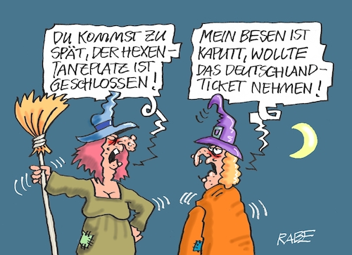 Cartoon: Verhextes Deutschlandticket (medium) by RABE tagged verkehrswende,deutsche,bahn,bahnsteig,reisende,lautsprecher,rabe,ralf,böhme,cartoon,karikatur,pressezeichnung,farbcartoon,tagescartoon,verspätung,unklarheiten,verzögerungen,schaffner,kelle,ticket,reisender,hexe,hexen,besen,hexenbesen,hexentanzplatz,walpurgisnacht,verkehrswende,deutsche,bahn,bahnsteig,reisende,lautsprecher,rabe,ralf,böhme,cartoon,karikatur,pressezeichnung,farbcartoon,tagescartoon,verspätung,unklarheiten,verzögerungen,schaffner,kelle,ticket,reisender,hexe,hexen,besen,hexenbesen,hexentanzplatz,walpurgisnacht