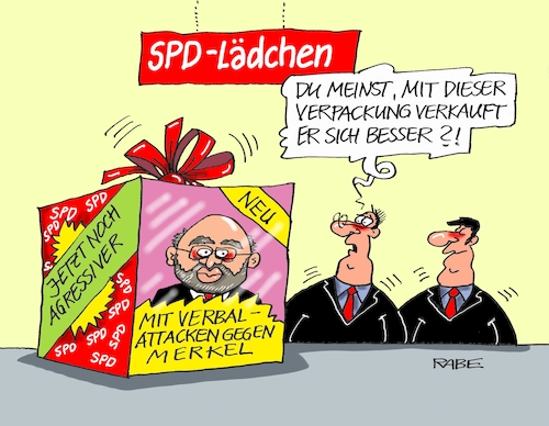 Cartoon: Verpackungskünstler (medium) by RABE tagged martin,schulz,spd,wahlkampf,bundestagswahl,beamte,rentenkasse,rabe,ralf,böhme,cartoon,karikatur,pressezeichnung,farbcartoon,tagescartoon,rentner,nahles,gleichberechtigung,umfragewerte,umfragetief,sonntagsgespräch,ard,zdf,merkel,umfrage,attacken,lädchen,ladenhüter,werbung,verpackung,martin,schulz,spd,wahlkampf,bundestagswahl,beamte,rentenkasse,rabe,ralf,böhme,cartoon,karikatur,pressezeichnung,farbcartoon,tagescartoon,rentner,nahles,gleichberechtigung,umfragewerte,umfragetief,sonntagsgespräch,ard,zdf,merkel,umfrage,attacken,lädchen,ladenhüter,werbung,verpackung