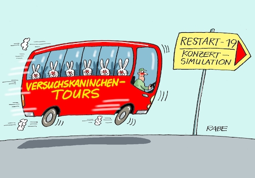 Cartoon: Versuchkaninchen (medium) by RABE tagged virus,corona,pandemie,coronakrise,rabe,ralf,böhme,cartoon,karikatur,pressezeichnung,farbcartoon,tagescartoon,viren,virenschutz,mundschutz,desinfektion,föderal,föderalismus,ländersache,abstandsregeln,maskenpflicht,test,testkonzert,restart,leipzig,leipzigarena,experiment,konzert,konzertsimulation,tim,bendzko,weltretter,bus,kaninchen,versuchkaninchen,virus,corona,pandemie,coronakrise,rabe,ralf,böhme,cartoon,karikatur,pressezeichnung,farbcartoon,tagescartoon,viren,virenschutz,mundschutz,desinfektion,föderal,föderalismus,ländersache,abstandsregeln,maskenpflicht,test,testkonzert,restart,leipzig,leipzigarena,experiment,konzert,konzertsimulation,tim,bendzko,weltretter,bus,kaninchen,versuchkaninchen