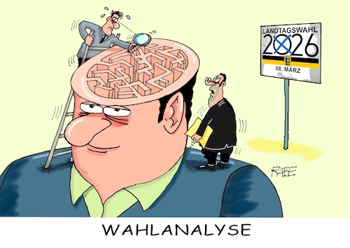 Cartoon: Wähleruntersuchung (medium) by RABE tagged merz,kanzler,koalition,union,spd,klingbeil,cartoon,karikatur,pressezeichnung,farbcartoon,tagescartoon,bürokratie,verwaltung,beamte,modernisierung,monster,drachen,schwert,holzschwert,nägel,säge,landtagswahl,ländle,baden,württemberg,wähler,kopf,gehirn,irrgarten,labyrinth,merz,kanzler,koalition,union,spd,klingbeil,cartoon,karikatur,pressezeichnung,farbcartoon,tagescartoon,bürokratie,verwaltung,beamte,modernisierung,monster,drachen,schwert,holzschwert,nägel,säge,landtagswahl,ländle,baden,württemberg,wähler,kopf,gehirn,irrgarten,labyrinth