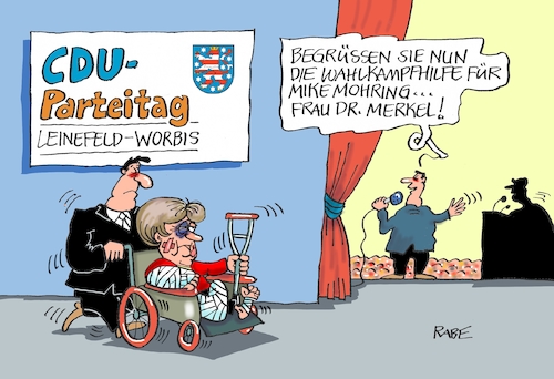 Cartoon: Wahlkampfhilfe (medium) by RABE tagged wahlkampf,wahlkampfhilfe,merkel,kanzlerin,cdu,landesparteitag,thüringen,landtagswahl,leinefeld,rabe,ralf,böhme,cartoon,karikatur,pressezeichnung,farbcartoon,tagescartoon,mike,mohring,fraktionsvorsitzender,arzt,doktor,angela,rollstuhl,verletzungen,veilchen,knochenbrüche,stütze,spitzenkandidat,bayernwahl,hessenwahl,wahlkampf,wahlkampfhilfe,merkel,kanzlerin,cdu,landesparteitag,thüringen,landtagswahl,leinefeld,rabe,ralf,böhme,cartoon,karikatur,pressezeichnung,farbcartoon,tagescartoon,mike,mohring,fraktionsvorsitzender,arzt,doktor,angela,rollstuhl,verletzungen,veilchen,knochenbrüche,stütze,spitzenkandidat,bayernwahl,hessenwahl