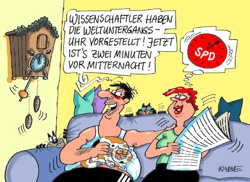 Cartoon: Wer hat an der Uhr gedreht (medium) by RABE tagged sonderparteitag,spd,martin,schulz,ja,groko,koalitionsverhandlungen,rabe,ralf,böhme,cartoon,karikatur,pressezeichnung,farbcartoon,tagescartoon,merkel,union,koalitionsgespräche,weltuntergangsuhr,zwölf,fünf,umfragetief,politbarometer,sonderparteitag,spd,martin,schulz,ja,groko,koalitionsverhandlungen,rabe,ralf,böhme,cartoon,karikatur,pressezeichnung,farbcartoon,tagescartoon,merkel,union,koalitionsgespräche,weltuntergangsuhr,zwölf,fünf,umfragetief,politbarometer