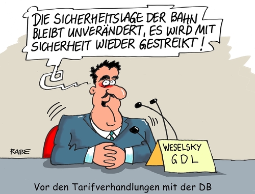 Cartoon: Weselsky Tarifverhandlungen (medium) by RABE tagged gdl,db,weselsky,gewerkschaften,tarif,tarifverhandlungen,lokführer,rabe,ralf,böhme,cartoon,karikatur,pressezeichnungen,farbcartoon,tagescartoon,bahnreisende,verspätungen,bahnsteig,fahrplan,lohnerhöhungen,gdl,db,weselsky,gewerkschaften,tarif,tarifverhandlungen,lokführer,rabe,ralf,böhme,cartoon,karikatur,pressezeichnungen,farbcartoon,tagescartoon,bahnreisende,verspätungen,bahnsteig,fahrplan,lohnerhöhungen