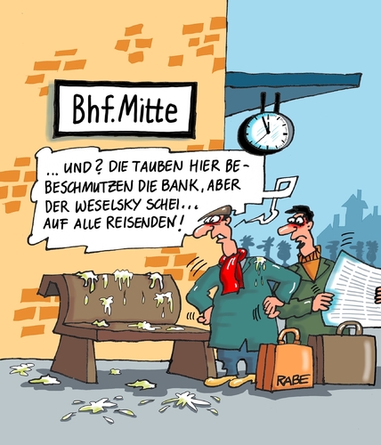 Cartoon: Weselskydreck (medium) by RABE tagged bahnstreik,weselsky,gdl,gewerkschaften,streik,bahnkunden,zugausfälle,reisende,lokführer,zugpersonal,rabe,ralf,böhme,cartoon,karikatur,pressezeichnung,farbcartoon,tagescartoon,güterverkehr,personennahverkehr,fernverkehr,bahnsteig,bahnhof,bank,tauben,taubenkot,bahnstreik,weselsky,gdl,gewerkschaften,streik,bahnkunden,zugausfälle,reisende,lokführer,zugpersonal,rabe,ralf,böhme,cartoon,karikatur,pressezeichnung,farbcartoon,tagescartoon,güterverkehr,personennahverkehr,fernverkehr,bahnsteig,bahnhof,bank,tauben,taubenkot