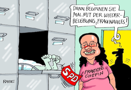 Cartoon: Wiederbelebung (medium) by RABE tagged nahles,spd,fraktionsvorsitzfraktionschefin,opposition,rabe,ralf,böhmr,cartoon,karikatur,pressezeichnung,farbcartoon,tagescartoon,wiederbelebung,leiche,fußzehe,leichenschauhaus,nahles,spd,fraktionsvorsitzfraktionschefin,opposition,rabe,ralf,böhmr,cartoon,karikatur,pressezeichnung,farbcartoon,tagescartoon,wiederbelebung,leiche,fußzehe,leichenschauhaus