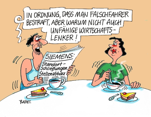 Cartoon: Wirtschaftslenker (medium) by RABE tagged siemens,stellenabbau,standortschließung,beschäftigte,wirtschaftslenker,unfähigkeit,gewerkschaft,ig,metall,leipzig,berlin,erfurt,rabe,ralf,böhme,cartoon,karikatur,pressezeichnung,farbcartoon,tagescartoon,käser,manager,chef,chefetage,managment,fehler,fahrer,pkw,falschfahrer,bestrafung,siemens,stellenabbau,standortschließung,beschäftigte,wirtschaftslenker,unfähigkeit,gewerkschaft,ig,metall,leipzig,berlin,erfurt,rabe,ralf,böhme,cartoon,karikatur,pressezeichnung,farbcartoon,tagescartoon,käser,manager,chef,chefetage,managment,fehler,fahrer,pkw,falschfahrer,bestrafung