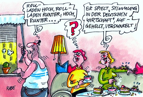 Cartoon: Wirtschaftsstimmung (medium) by RABE tagged stimmung,wirtschaftsstimmung,konjunktur,flaute,euro,eurokrise,rabe,cartoon,ralf,böhme,karikatur,rettungsschirm,rollladen,aufhellung,verdunkelung,fenster,hoch,runter,prognose,kaufkraft,kauflaune,verbrauer,wirtschaftsbosse,industrie,handel,stimmung,wirtschaftsstimmung,konjunktur,flaute,euro,eurokrise,rabe,cartoon,ralf,böhme,karikatur,rettungsschirm,rollladen,aufhellung,verdunkelung,fenster,hoch,runter,prognose,kaufkraft,kauflaune,verbrauer,wirtschaftsbosse,industrie,handel