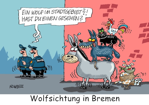 Cartoon: Wolfsichtung (medium) by RABE tagged grüne,özdemir,wölfe,problemwölfe,wolfsrudel,rabe,ralf,böhme,cartoon,karikatur,pressezeichnung,farbcartoon,tagescartoon,abschuss,jagd,freigabe,hirten,bauern,schafsherde,forderungen,gewehr,waffen,wolfsichtung,stadtgebiet,bremen,hansestadt,stadtmusikanten,räuber,polizei,esel,hund,katze,hahn,grüne,özdemir,wölfe,problemwölfe,wolfsrudel,rabe,ralf,böhme,cartoon,karikatur,pressezeichnung,farbcartoon,tagescartoon,abschuss,jagd,freigabe,hirten,bauern,schafsherde,forderungen,gewehr,waffen,wolfsichtung,stadtgebiet,bremen,hansestadt,stadtmusikanten,räuber,polizei,esel,hund,katze,hahn