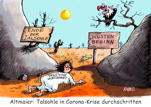 Cartoon: Wüste Behauptung (medium) by RABE tagged virus,corona,pandemie,coronakrise,rabe,ralf,böhme,cartoon,karikatur,pressezeichnung,farbcartoon,tagescartoon,viren,virenschutz,mundschutz,desinfektion,föderal,föderalismus,ländersache,lockerungen,abstandsregeln,wirtschaftsminister,altmaier,wüste,talsohle,prognose,wirtschaftswachstum,wirtschaftseinbruch,aufholprozess,weltwirtschaft,export,virus,corona,pandemie,coronakrise,rabe,ralf,böhme,cartoon,karikatur,pressezeichnung,farbcartoon,tagescartoon,viren,virenschutz,mundschutz,desinfektion,föderal,föderalismus,ländersache,lockerungen,abstandsregeln,wirtschaftsminister,altmaier,wüste,talsohle,prognose,wirtschaftswachstum,wirtschaftseinbruch,aufholprozess,weltwirtschaft,export