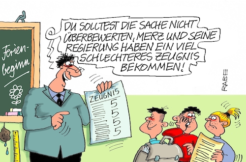 Cartoon: Zeugnistag für Merz (medium) by RABE tagged merz,union,kanzler,fritze,koalition,spd,klingbeil,bundesregierung,rabe,ralf,böhme,cartoon,karikatur,pressezeichnung,farbcartoon,tagescartoon,trump,putin,krisen,tv,nachrichten,regierung,bewertung,zeugnis,zeugnistag,schule,lehrer,schüler,bildung,noten,schulnoten,merz,union,kanzler,fritze,koalition,spd,klingbeil,bundesregierung,rabe,ralf,böhme,cartoon,karikatur,pressezeichnung,farbcartoon,tagescartoon,trump,putin,krisen,tv,nachrichten,regierung,bewertung,zeugnis,zeugnistag,schule,lehrer,schüler,bildung,noten,schulnoten
