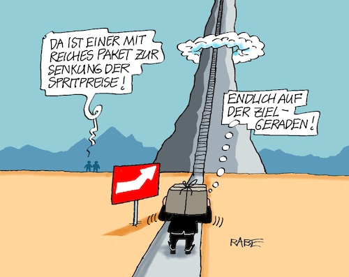 Cartoon: Zielgerade anvisiert (medium) by RABE tagged merz,kanzler,koalition,union,spd,klingbeil,cartoon,karikatur,pressezeichnung,farbcartoon,tagescartoon,bürokratie,verwaltung,beamte,modernisierung,monster,drachen,schwert,holzschwert,nägel,säge,wirtschaftsministerin,reiche,spritpreise,usa,trump,irankrieg,tankselle,autofahrer,paket,senkung,preissenkung,mineralölkonzerne,ziel,zielgerade,berg,stufen,merz,kanzler,koalition,union,spd,klingbeil,cartoon,karikatur,pressezeichnung,farbcartoon,tagescartoon,bürokratie,verwaltung,beamte,modernisierung,monster,drachen,schwert,holzschwert,nägel,säge,wirtschaftsministerin,reiche,spritpreise,usa,trump,irankrieg,tankselle,autofahrer,paket,senkung,preissenkung,mineralölkonzerne,ziel,zielgerade,berg,stufen