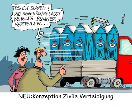 Cartoon: Zivilschutz (medium) by RABE tagged bundesregierung,innenminister,zivilschutz,zivilisten,ernstfall,bevorratung,hamsterkäufe,bunker,atomkrieg,luftschutzbunker,rabe,ralf,böhme,cartoon,karikatur,pressezeichnung,farbcartoon,tagescartoon,klohäuschen,dixi,dixiklo,lkw,verteilung,bundesregierung,innenminister,zivilschutz,zivilisten,ernstfall,bevorratung,hamsterkäufe,bunker,atomkrieg,luftschutzbunker,rabe,ralf,böhme,cartoon,karikatur,pressezeichnung,farbcartoon,tagescartoon,klohäuschen,dixi,dixiklo,lkw,verteilung