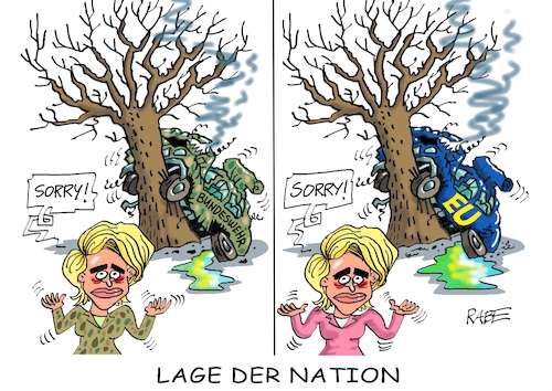 Cartoon: Zuverlässig regiert (medium) by RABE tagged eu,brüssel,rede,nation,lage,uschi,ursula,von,der,leyen,rabe,ralf,böhme,cartoon,karikatur,pressezeichnung,farbcartoon,tagescartoon,pkw,schrott,unfall,baum,bundeswehr,eu,brüssel,rede,nation,lage,uschi,ursula,von,der,leyen,rabe,ralf,böhme,cartoon,karikatur,pressezeichnung,farbcartoon,tagescartoon,pkw,schrott,unfall,baum,bundeswehr