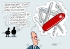 Cartoon: Schweitzer Messer (small) by RABE tagged merz,kanzler,koalition,union,spd,klingbeil,cartoon,karikatur,pressezeichnung,farbcartoon,tagescartoon,db,bahn,frühling,frühjahr,frühjahrsputz,ice,zug,blumenkasten,blumenkästen,esc,songcontest,arbeitsminister,alexander,schweitzer,messer,taschenmesser,schweiz,bas,rücktritt,rente,haushalt,steuern,sparkurs,personaldebatte,neuwahl